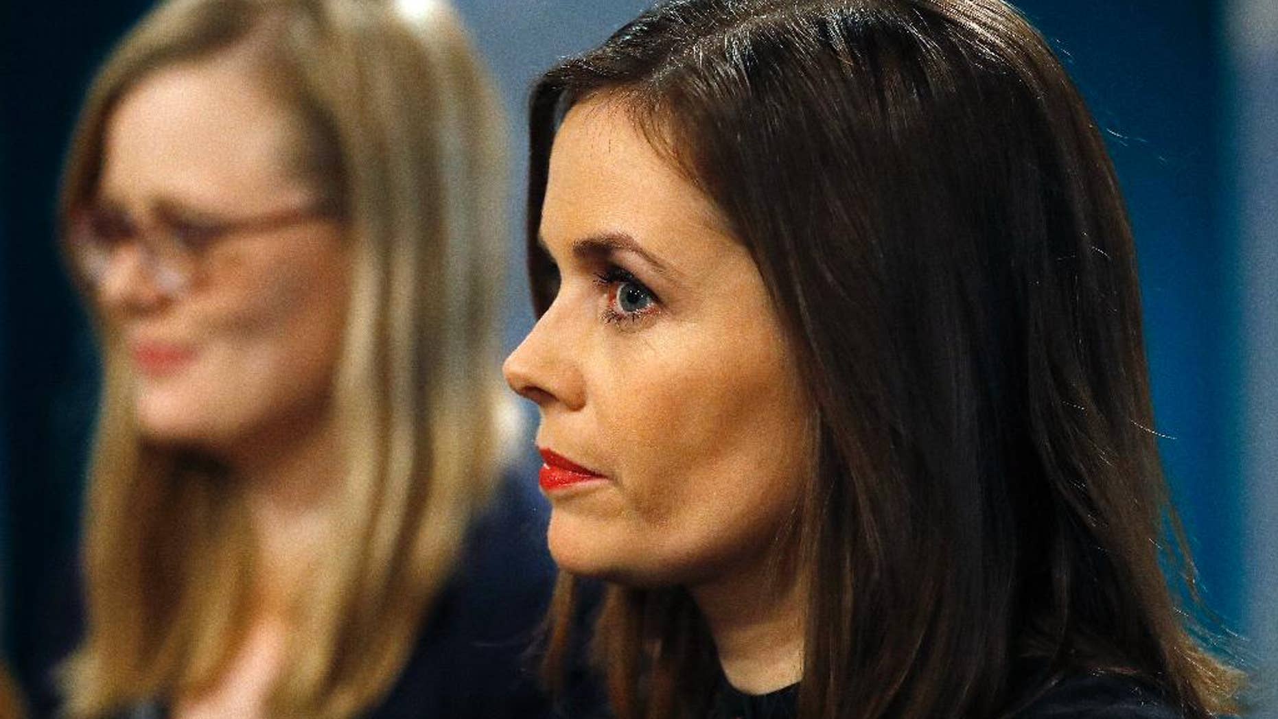 FILE - In this Sunday, Oct. 30, 2016 file photo, Katrin Jakobsdottir of the Left-Green Movement party sits in a TV studio in Reykjavik, Iceland. Iceland’s president says Friday Nov. 25, 2016, attempts to form a government have collapsed, with the leader of the country’s largest left-of-center party admitting defeat in coalition talks. Left-Green Movement leader Katrin Jakobsdottir has told President Gudni Johannesson that she could not reach agreement with other parties. (AP Photo/Frank Augstein, File)