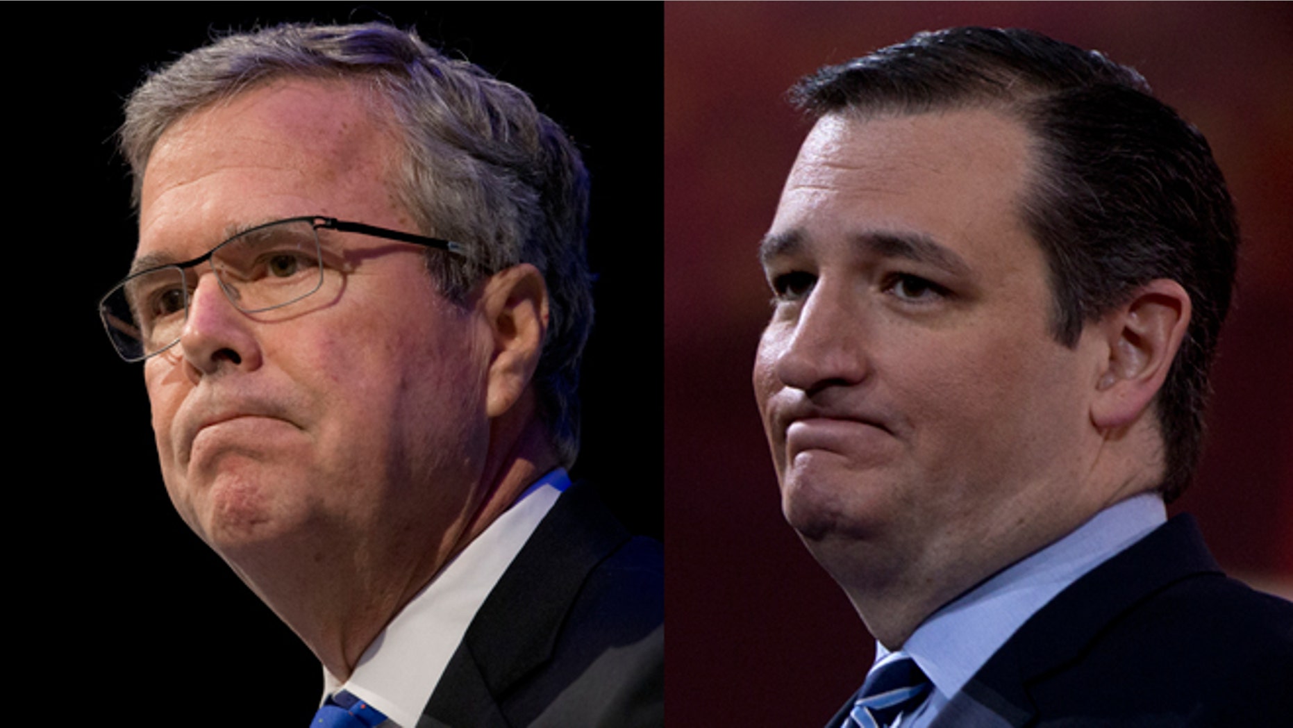 Left: Former Florida Gov. Jeb Bush. (AP Photo/Paul Sancya, File) Right: Sen. Ted Cruz, R-Texas pauses as he speaks during the Conservative Political Action Conference (CPAC) in National Harbor, Md., Thursday, Feb. 26, 2015. (AP Photo/Carolyn Kaster)