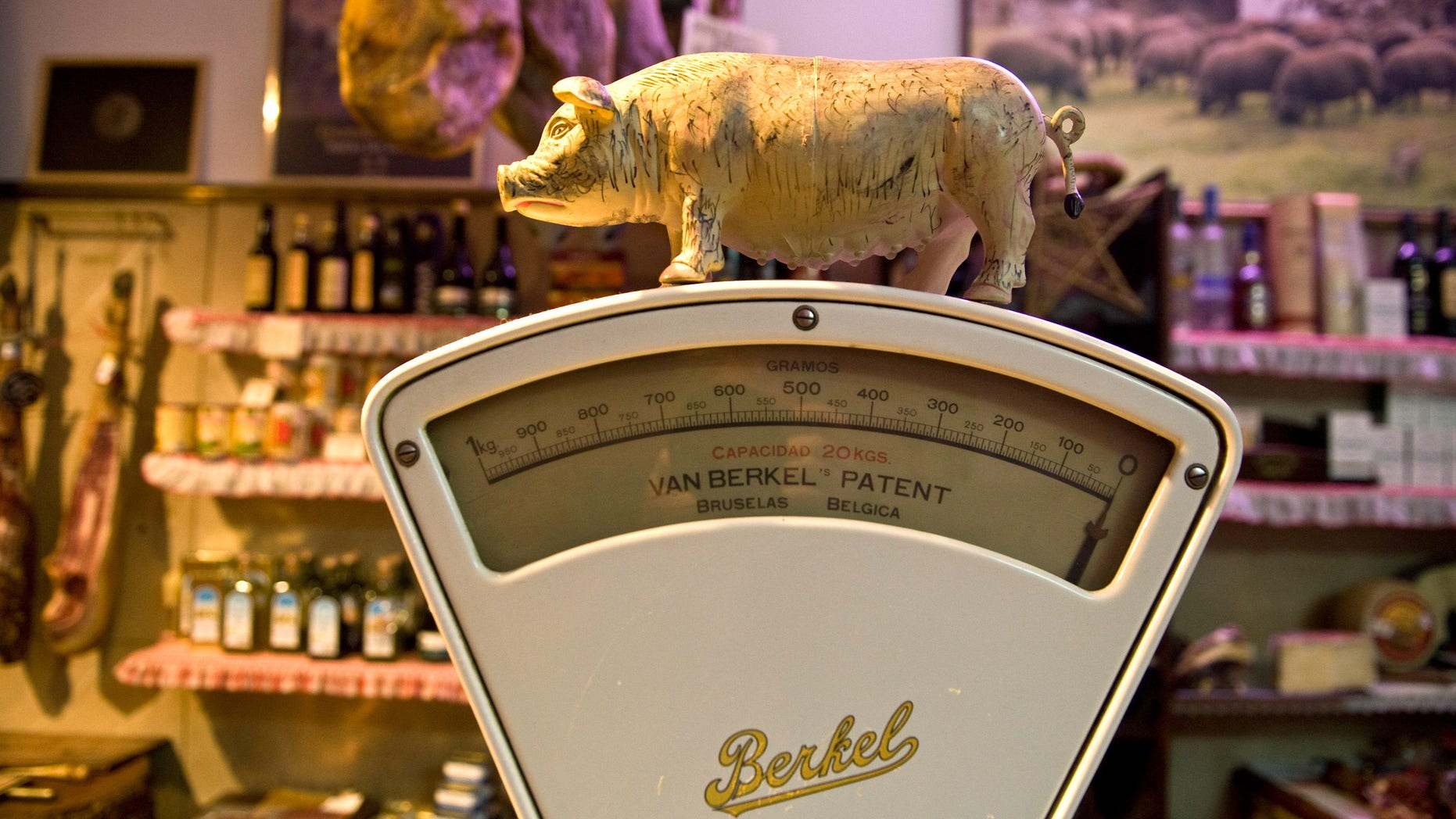 MADRID, SPAIN - DECEMBER 14: A small figurine of an Iberian Pig sits on an old weighing scales at the Alberto Lopez Araque jamon Iberico shop on December 14, 2012 in Madrid, Spain. Dry-cured Iberian ham or Jamon Iberico is a favourite amongst Spaniards and producers are hoping for improved sales over the busy christmas period. The jamon Iberico de Bellota are usually dry-cured for up to three years after the pigs have been few on a diet of acorns in the last three months of their lives. (Photo by Denis Doyle/Getty Images)