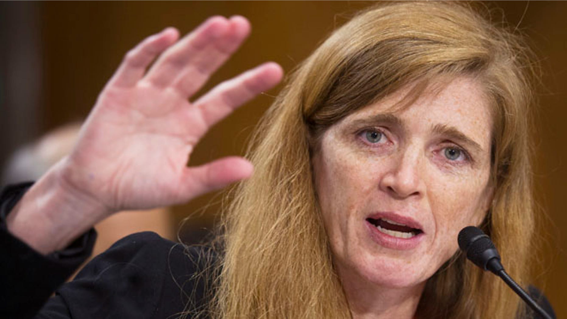 FILE: July 17, 2013: U.S. Ambassador to the U.N. nominee Samantha Power testifies on Capitol Hill in Washington, D.C.