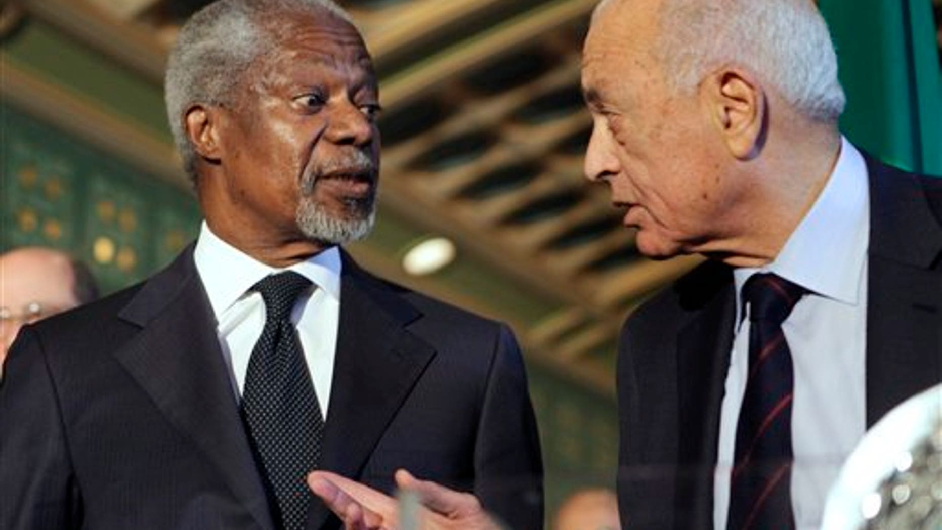 March 8: Former U.N. chief Kofi Annan, left, listens to Arab League chief Nabil Elaraby during a presser following their meeting at the Arab league headquarters in Cairo, Egypt.