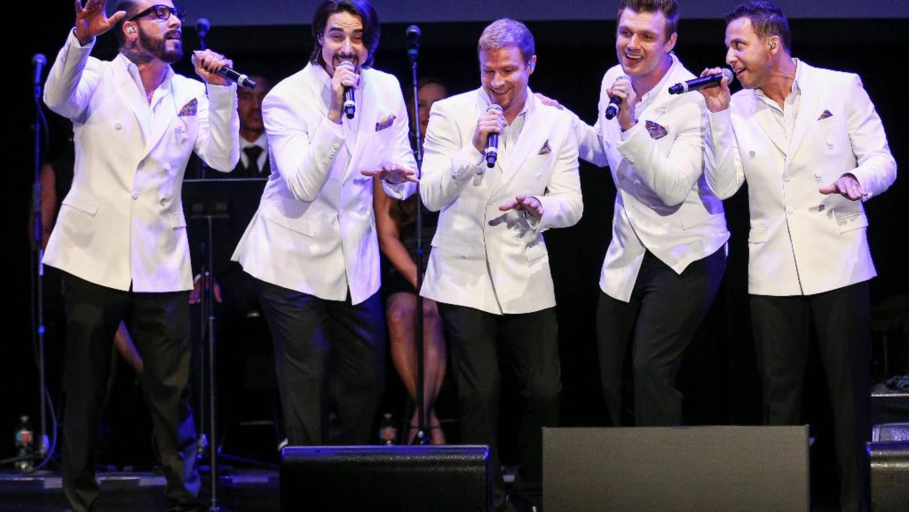 FILE - In this May 19, 2016 file photo, A.J. McLean, from left, Kevin Richardson, Brian Littrell, Nick Carter and Howie Dorough of the Backstreet Boys perform at the 12th Annual MusiCares MAP Fund Benefit Concert held at The Novo by Microsoft, in Los Angeles. Backstreet will be back - and back and back and back _ in Las Vegas. The pop group Backstreet Boys confirmed reports Friday, Sept. 23, 2016, they will begin a Planet Hollywood residency next year. (Photo by John Salangsang/Invision/AP, File)