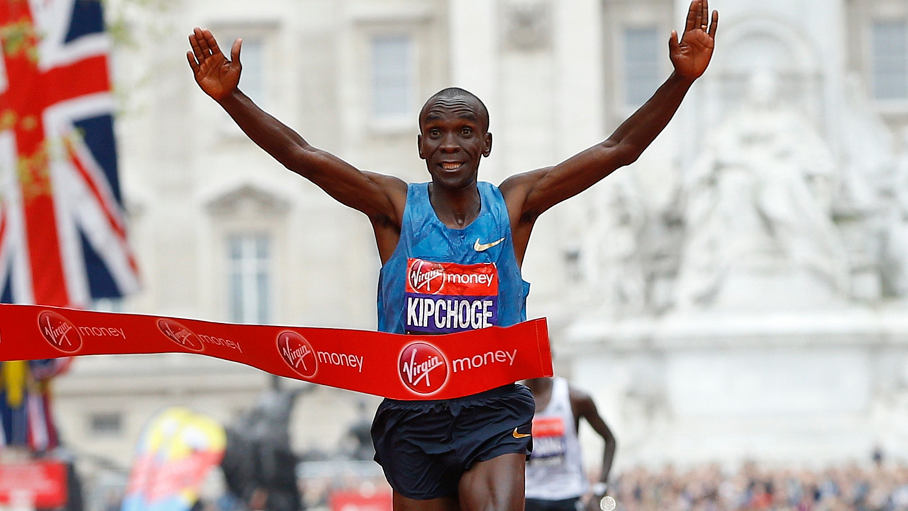 In this Sunday, April 26, 2015 file photo, Eliud Kipchoge of Kenya wins the Men's race in the 35th London Marathon.