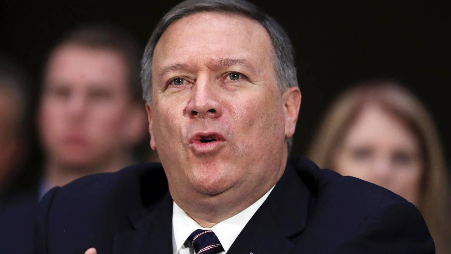 FILE - In this Jan. 12, 2017, file photo, then CIA Director-nominee Mike Pompeo testifies on Capitol Hill in Washington. Pompeo announced Feb. 2, 2017, that he has selected Gina Haspel, who has extensive overseas experience, including several stints as chief of station at outposts abroad. In Washington, she has held several top leadership positions in the clandestine service. (AP Photo/Manuel Balce Ceneta, File)