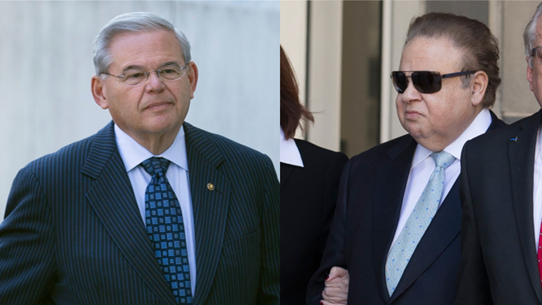 Left: U.S. Sen. Bob Menendez arrives at federal court, Thursday, April 2, 2015, in Newark, N.J. Right: Salomon Melgen leaves federal court, Thursday, April 2, 2015, in Newark, N.J. A federal grand jury indictment accuses Menendez of using the power of his Senate seat to benefit Melgen, a wealthy Florida eye doctor who prosecutors say provided the senator with luxury vacations, airline travel, golf trips and tens of thousands of dollars in contributions to a legal defense fund. (Photos: AP Photo/John Minchillo)