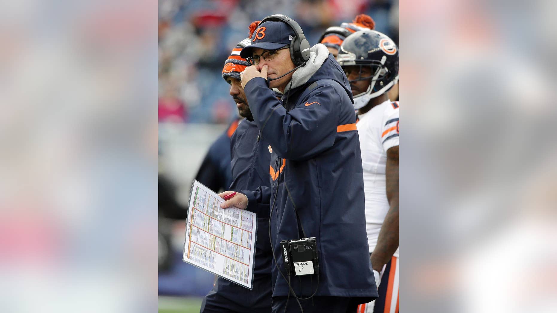 Chicago Bears head coach Marc Trestman watches the action from the sideline in the second half of an NFL football game against the New England Patriots, Sunday, Oct. 26, 2014, in Foxborough, Mass. (AP Photo/Steven Senne)