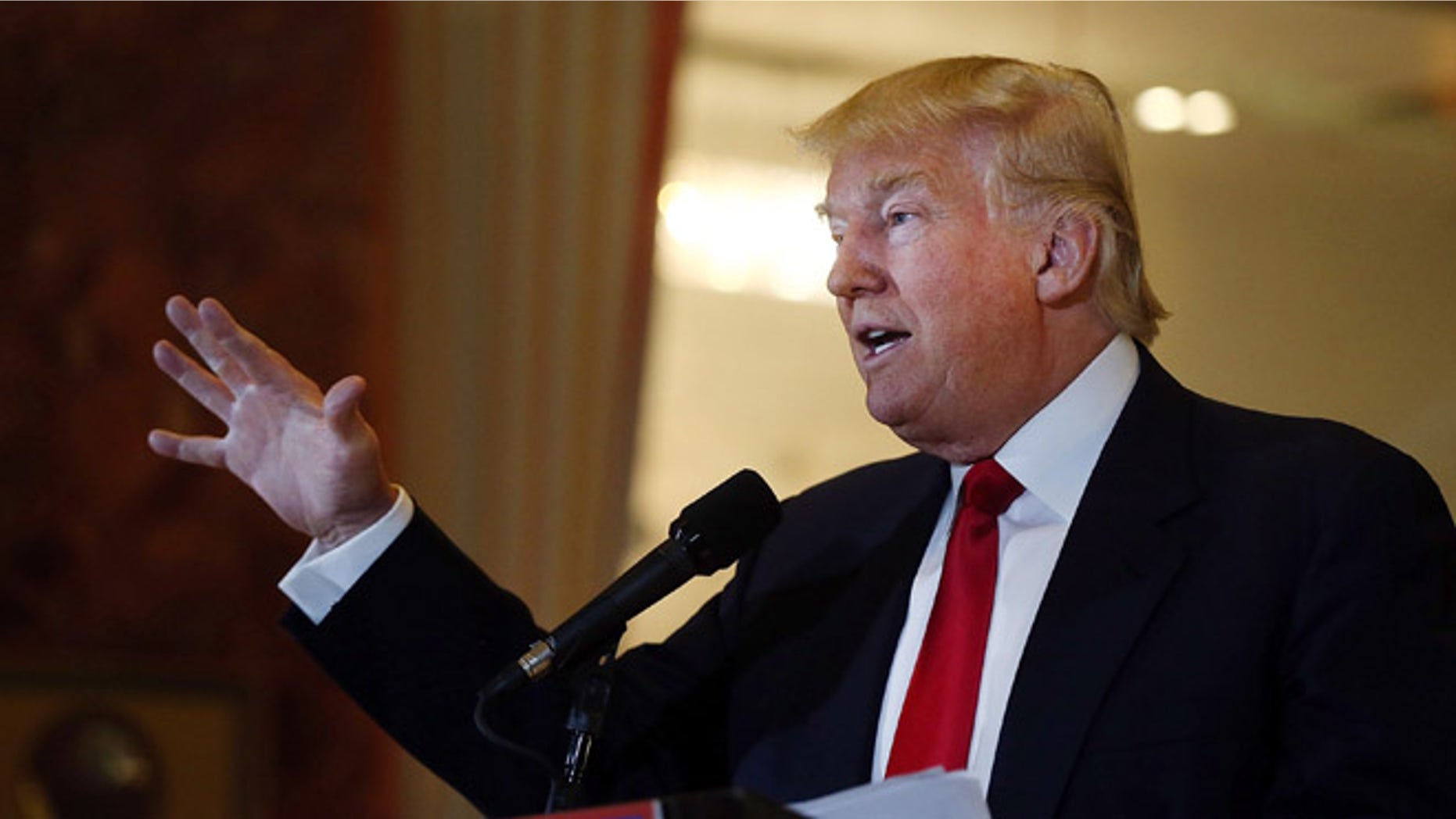 NEW YORK, NY - MAY 31: Republican presidential candidate Donald Trump speaks at a news conference at Trump Tower where he addressed issues about the money he pledged to donate to veterans groups following a skipped a debate in January before the Iowa caucuses on May 31, 2016 in New York City. Trump had previously said he had raised $6 million at the nationally broadcast fund-raiser he attended instead of the debate and that he would donate it all to veterans groups. (Photo by Spencer Platt/Getty Images)