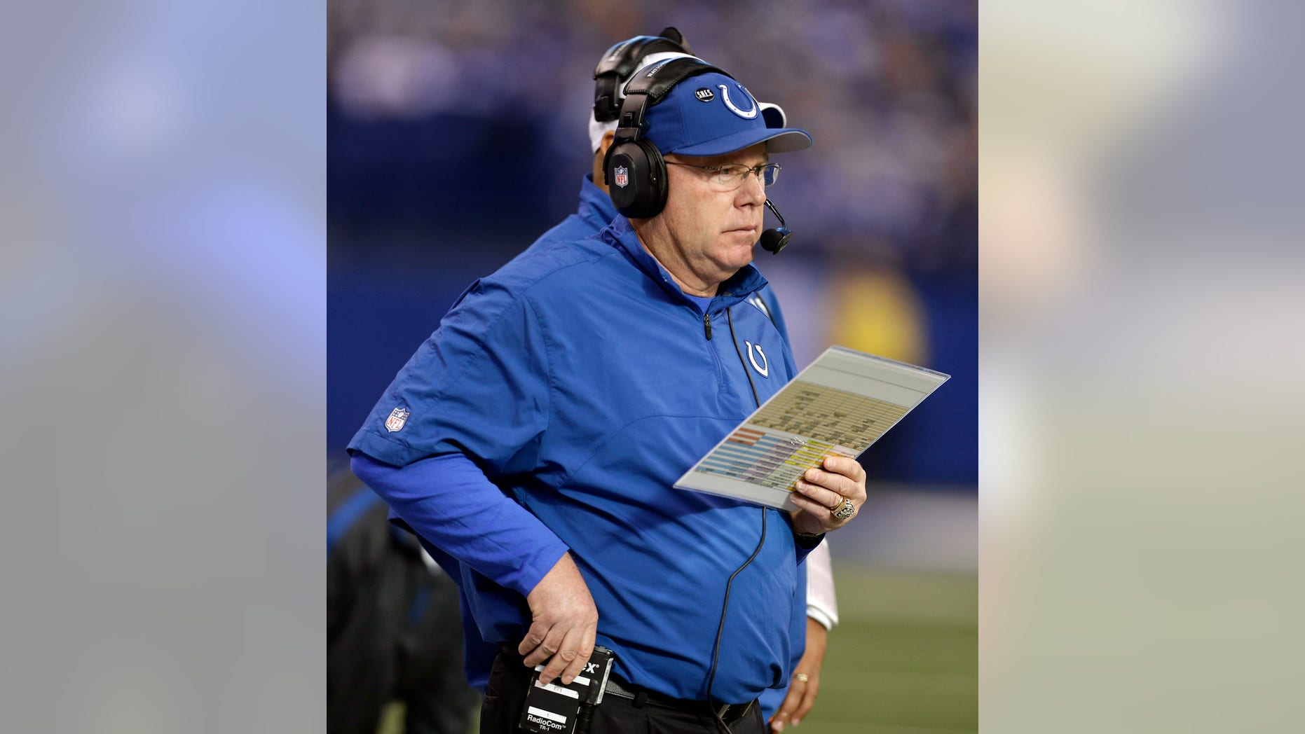 FILE -In this Sunday, Dec. 30, 2012 file photo, Indianapolis Colts offensive coordinator Bruce Arians watches during the first half of an NFL football game against the Houston Texans, in Indianapolis. Arians has been hospitalized with an illness Sunday, Jan. 6, 2012. (AP Photo/Darron Cummings, File)