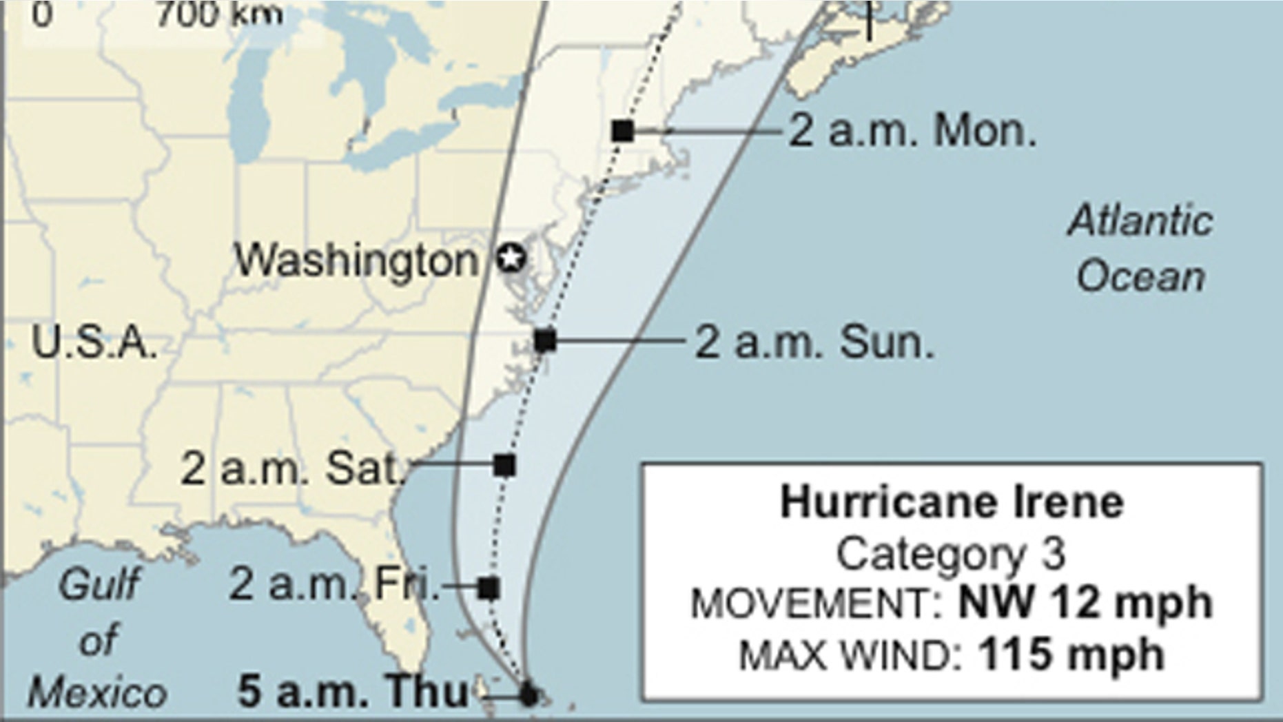 Map shows Hurricane Ireneâs location and predicted path, updated as of 5 a.m. EDT Thursday