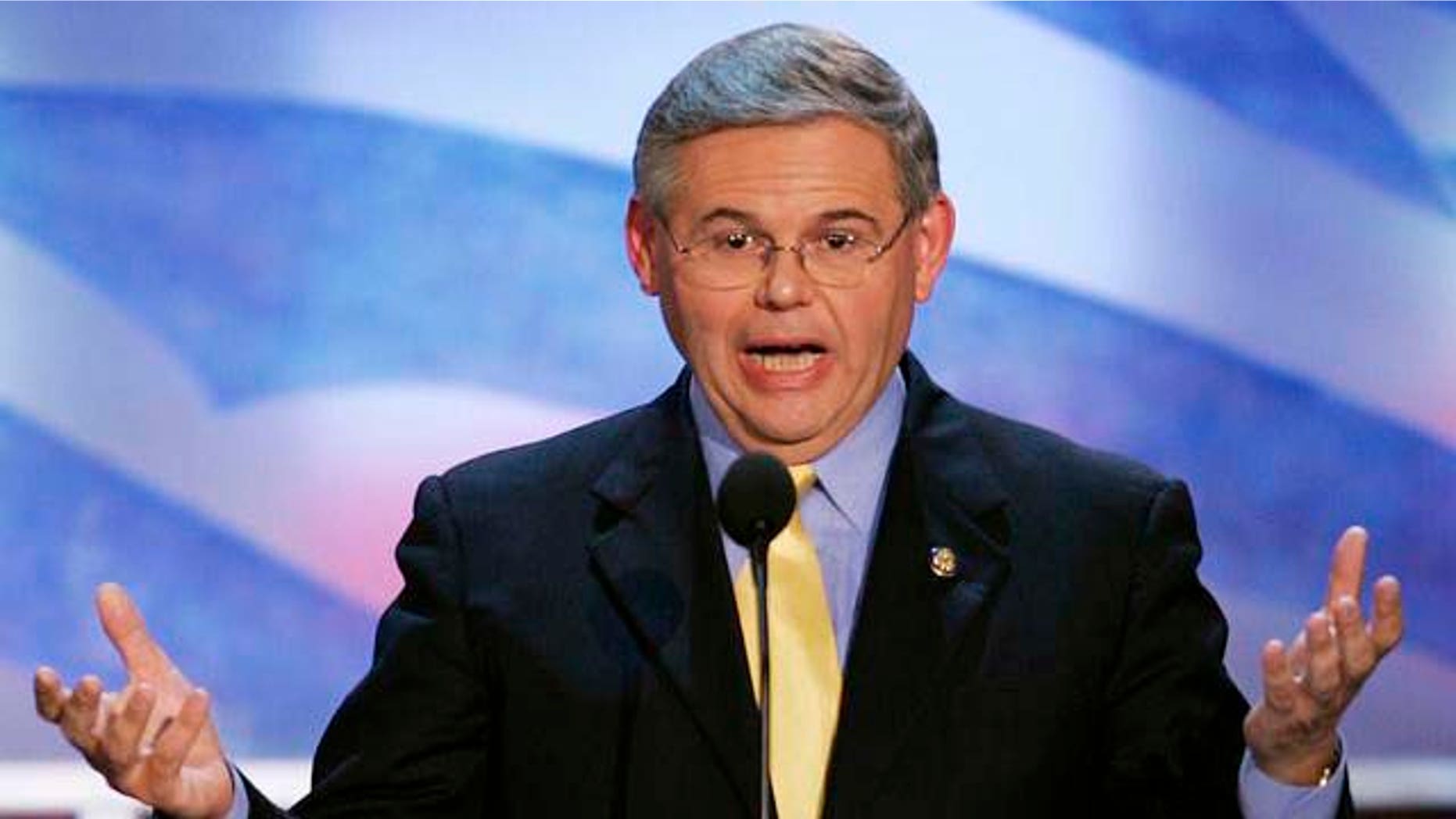Rep. Robert Menendez, D-N.J., speaks to delegates at the Democratic National Convention on Monday, July 26, 2004, in Boston. (AP Photo/Ron Edmonds)
