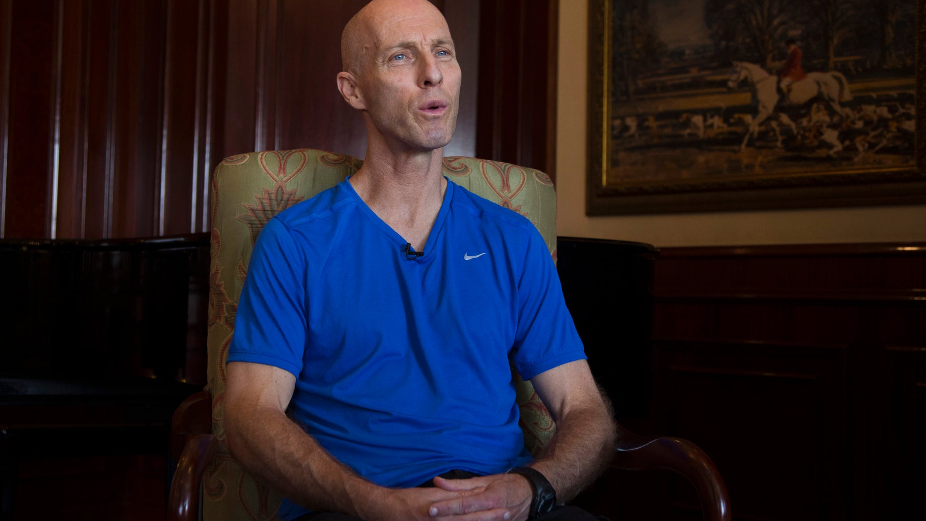 In this Sunday, Oct. 20, 2013 photo, Bob Bradley from the US, Egypt’s national team coach talks, during an interview with The Associated Press, in Cairo, Egypt. With Egypt still reeling from a 6-1 loss to Ghana in a World Cup playoff, the team's American coach is hoping to restore some pride to the bruised national side. It’s unclear, however, if Bob Bradley will even get the chance to do that. (AP Photo/Hassan Ammar)