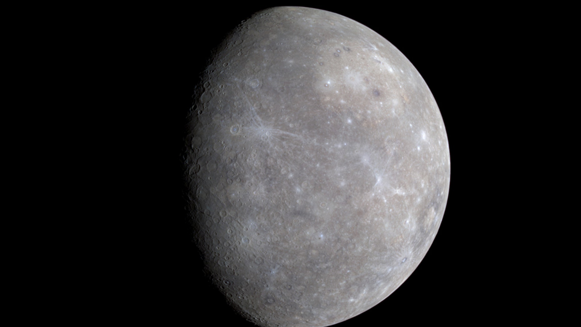 Color differences on Mercury are subtle, but they reveal important information about the nature of the planet's surface material. A number of bright spots with a bluish tinge are visible in this image taken by MESSENGER on Jan. 14, 2008, which is a mosaic from three different images.