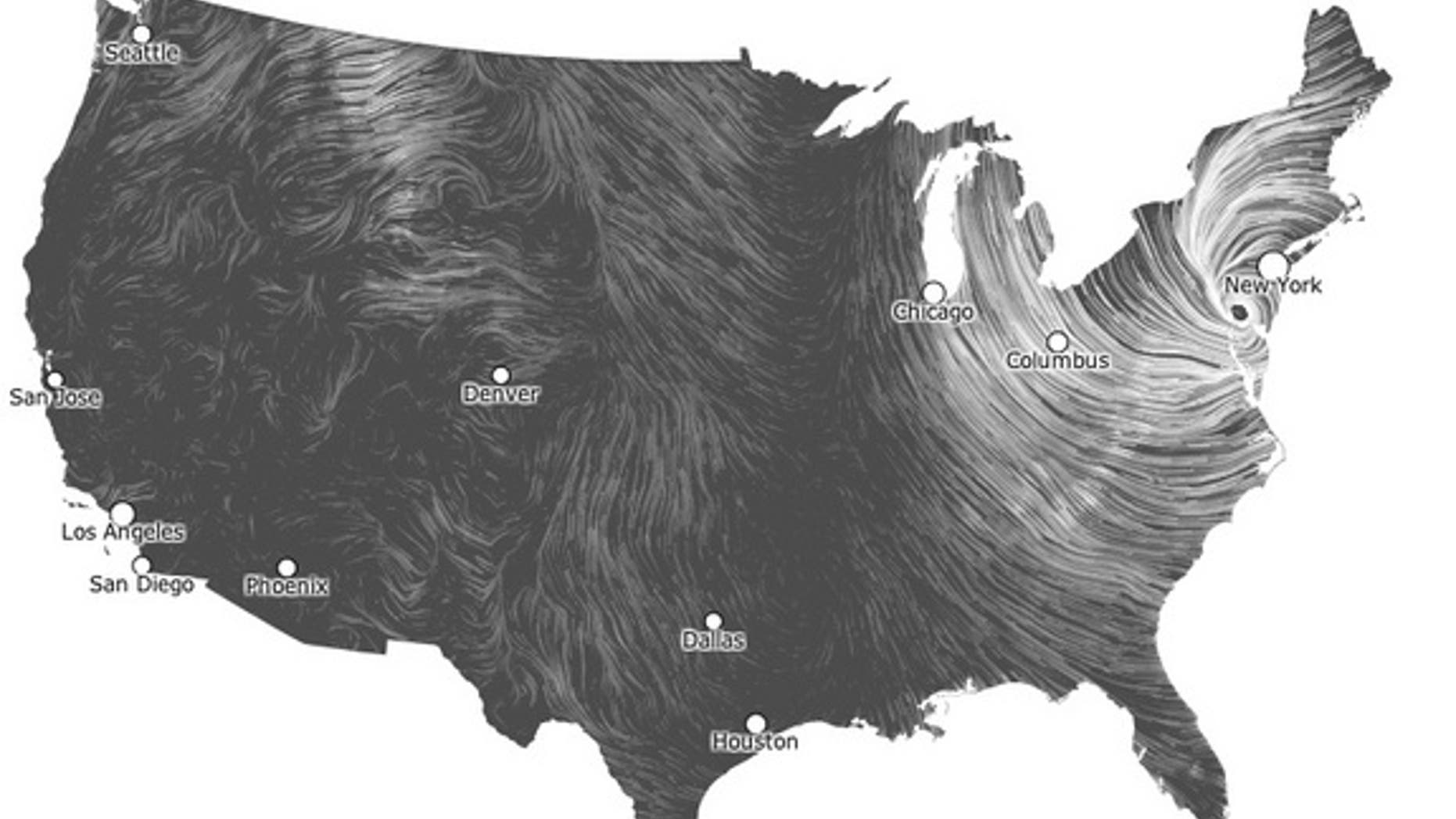 This wind maps shows the spiral of post-tropical storm Sandy's winds at 9:59 p.m. EDT on Tuesday, Oct. 29.