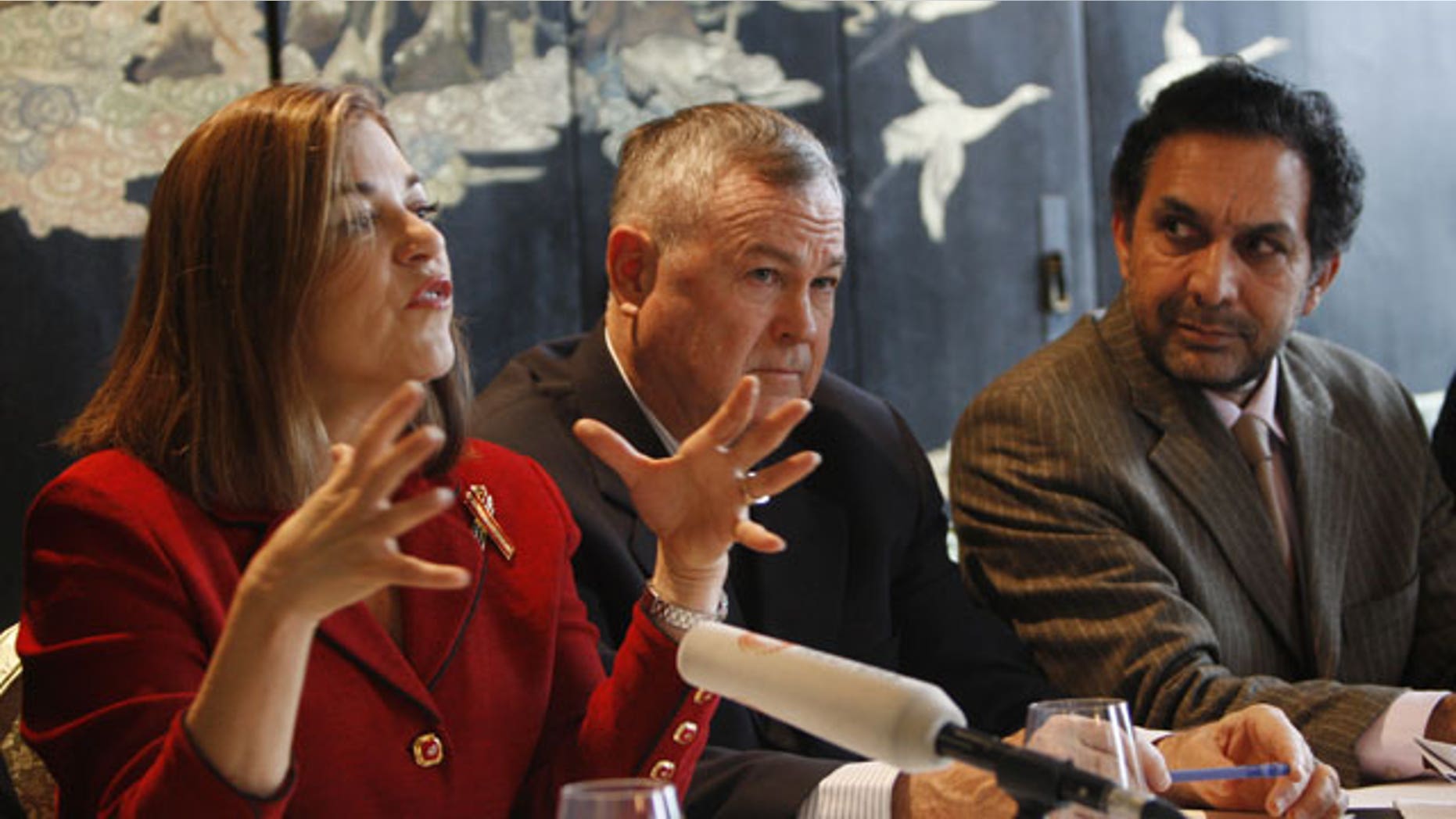 January 9, 2012: Rep Loretta Sanchez, Rep Dana Rohrabacher, Chair of the House Foreign Affairs Subcommittee on Oversight and Ahmad Zia Massoud, Chairman of the National Front, from left, attend a press conference after a meeting of members of U.S. congress with the Northern Alliance Leaders on Afghan Strategy in Berlin.