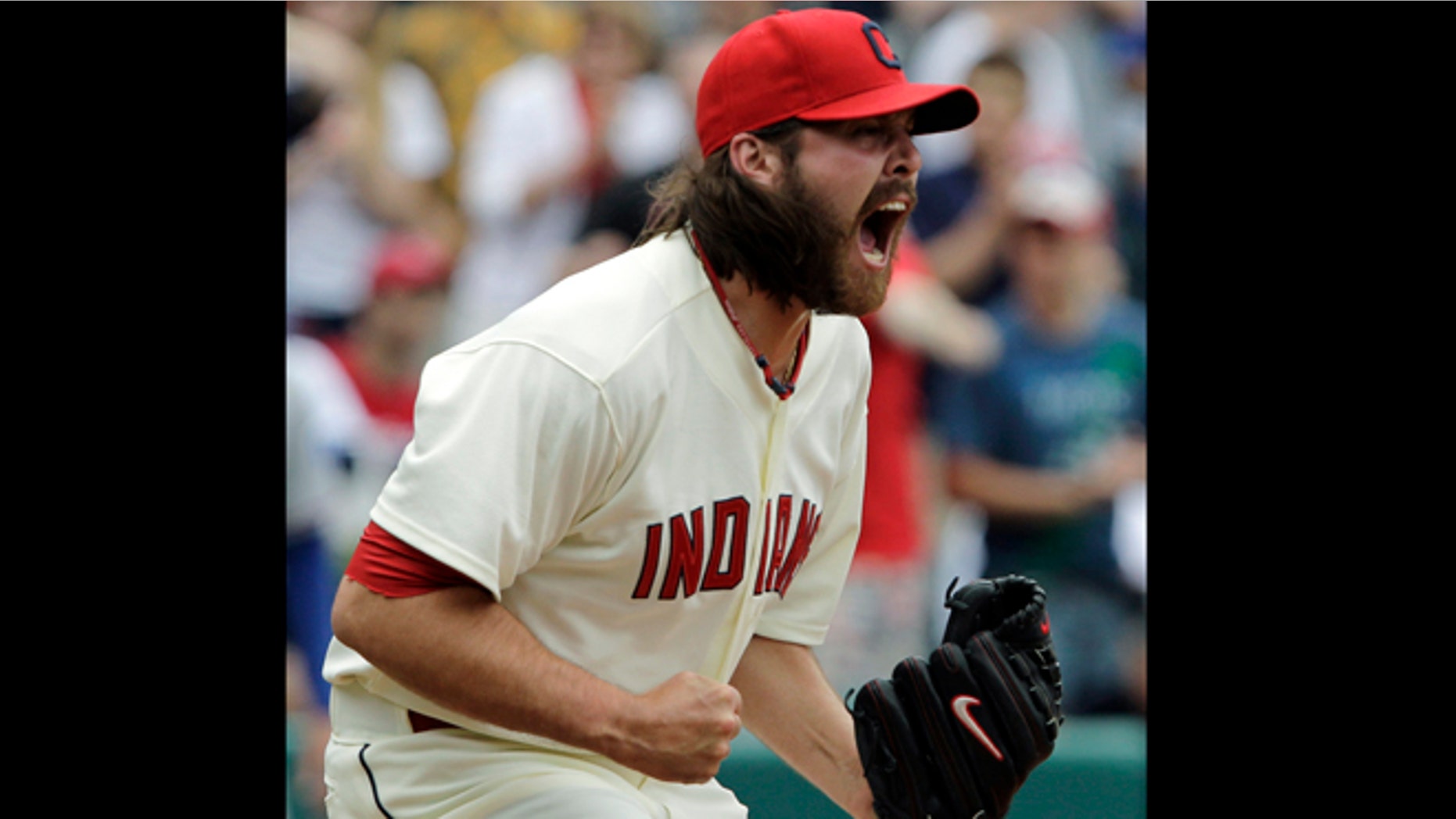 Cleveland Indians relief pitcher Chris Perez reacts after getting the last out in the ninth inning to defeat the Texas Rangers 4-2 in a baseball game in Cleveland, Sunday, May 6, 2012. (AP Photo/Amy Sancetta)