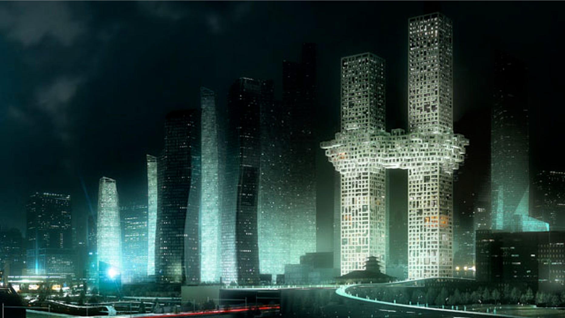 Dec. 12, 2011: In this artist's rendering provided by Dutch architectural company MVRDV, "The Cloud," a design of two Seoul skyscrapers, center right, is seen.