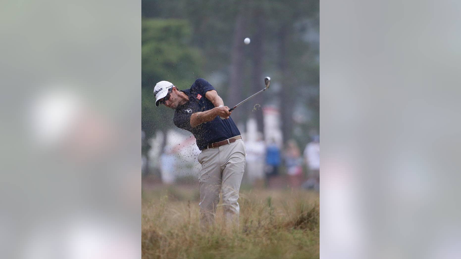 Adam Scott, of Australia, hits from the natural area on the 12th hole during the second round of the U.S. Open golf tournament in Pinehurst, N.C., Friday, June 13, 2014. (AP Photo/David Goldman)