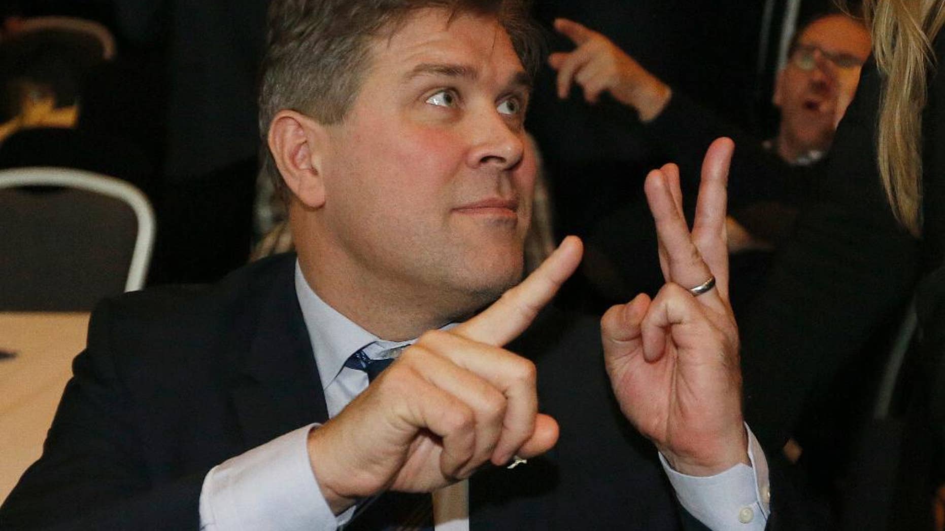 FILE - A Saturday, Oct. 29, 2016 file photo of Bjarni Benediktsson of The Independence Party gesturing after the first results of the election in Reykjavik, Iceland. Iceland’s president on Wednesday, Nov. 2, 2016, asked the center-right Independence Party to form a government after it won the biggest share of votes in the country's election. President Gudni Th. Johannessson said giving a mandate to Independence Party chairman Bjarni Benediktsson was the "most viable option" for getting a stable government for the Atlantic island nation. (AP Photo/Frank Augstein, File)