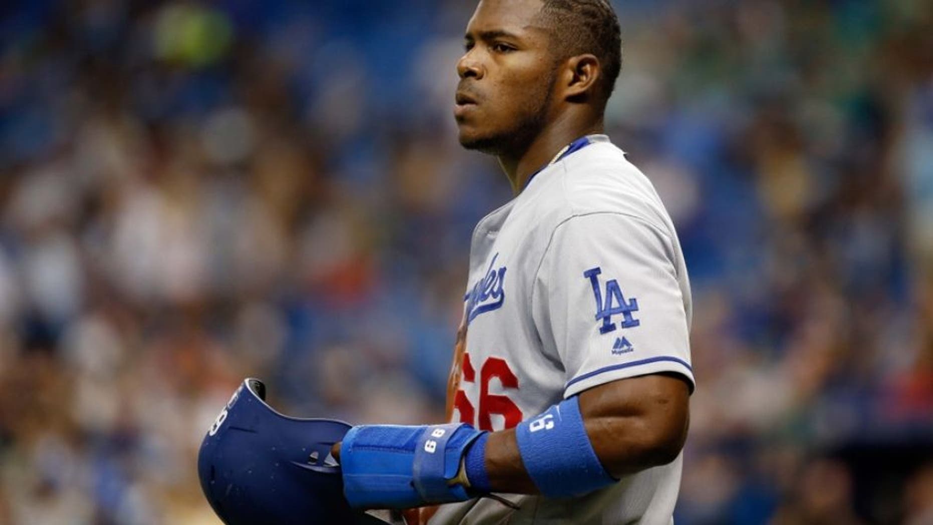 May 4, 2016; St. Petersburg, FL, USA; Los Angeles Dodgers right fielder Yasiel Puig (66) at Tropicana Field. Mandatory Credit: Kim Klement-USA TODAY Sports