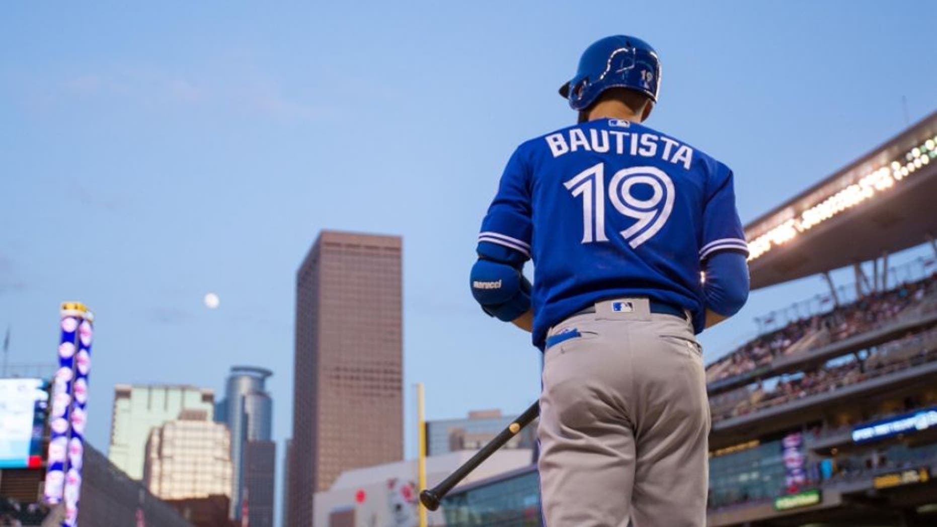 May 19, 2016; Minneapolis, MN, USA; Toronto Blue Jays outfielder Jose Bautista (19) in the on deck circle in the seventh inning against the Minnesota Twins at Target Field. Mandatory Credit: Brad Rempel-USA TODAY Sports