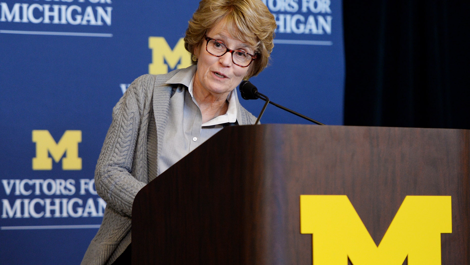 University of Michigan President Mary Sue Coleman speaks during a press conference to announce the "Victors for Michigan" fundraising campaign at Hill Auditorium on Thursday, Mov. 7, 2013, in Ann Arbor, Mich. The campaign, with an ambitious fundraising goal of $4 billion, is the sixth such effort undertaken by the university since 1948 . (AP Photo/AnnArbor.com, Melanie Maxwell) LOCAL TV OUT; LOCAL INTERNET OUT