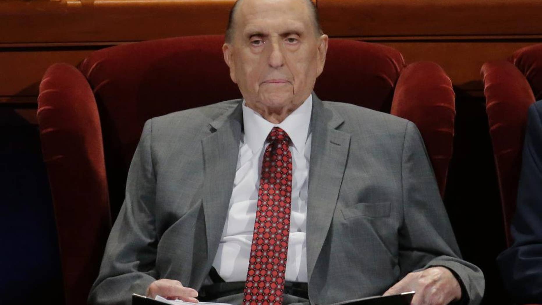 FILE - In this Saturday, April 1, 2017, file photo, The Church of Jesus Christ of Latter-day Saints President Thomas S. Monson looks on during the morning session of the two-day Mormon church conference in Salt Lake City. The 89-year-old president of the Mormon church has been hospitalized in Salt Lake City a spokesman for the church said Tuesday. (AP Photo/Rick Bowmer, File)
