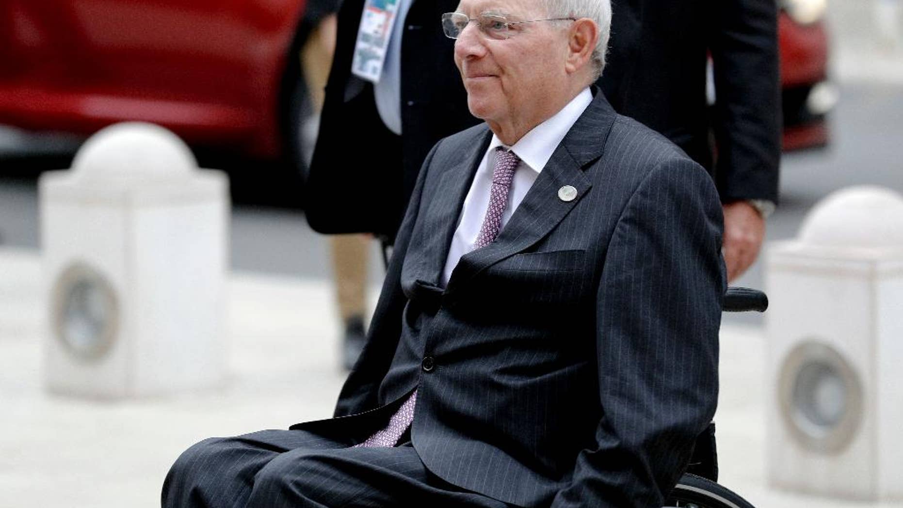 German Finance Minister Wolfgang Schaeuble arrives for the start of a G7 of Finance Ministers and Central Bank Governors meeting, in Bari, southern Italy, Thursday, May 11, 2017. (AP Photo/Andrew Medichini)