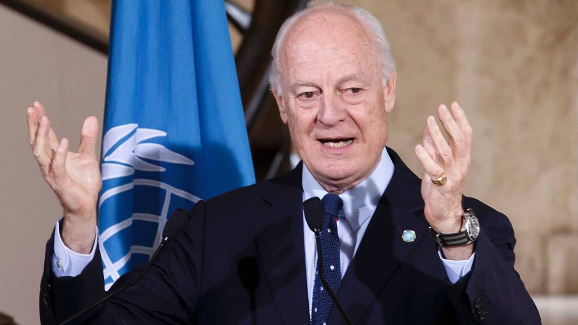 UN Special Envoy of the Secretary-General for Syria Staffan de Mistura speaks to the media during a press conference after a round of negotiations, at the European headquarters of the United Nations in Geneva, Switzerland, Monday, April 18, 2016. (Salvatore Di Nolfi/Keystone via AP)