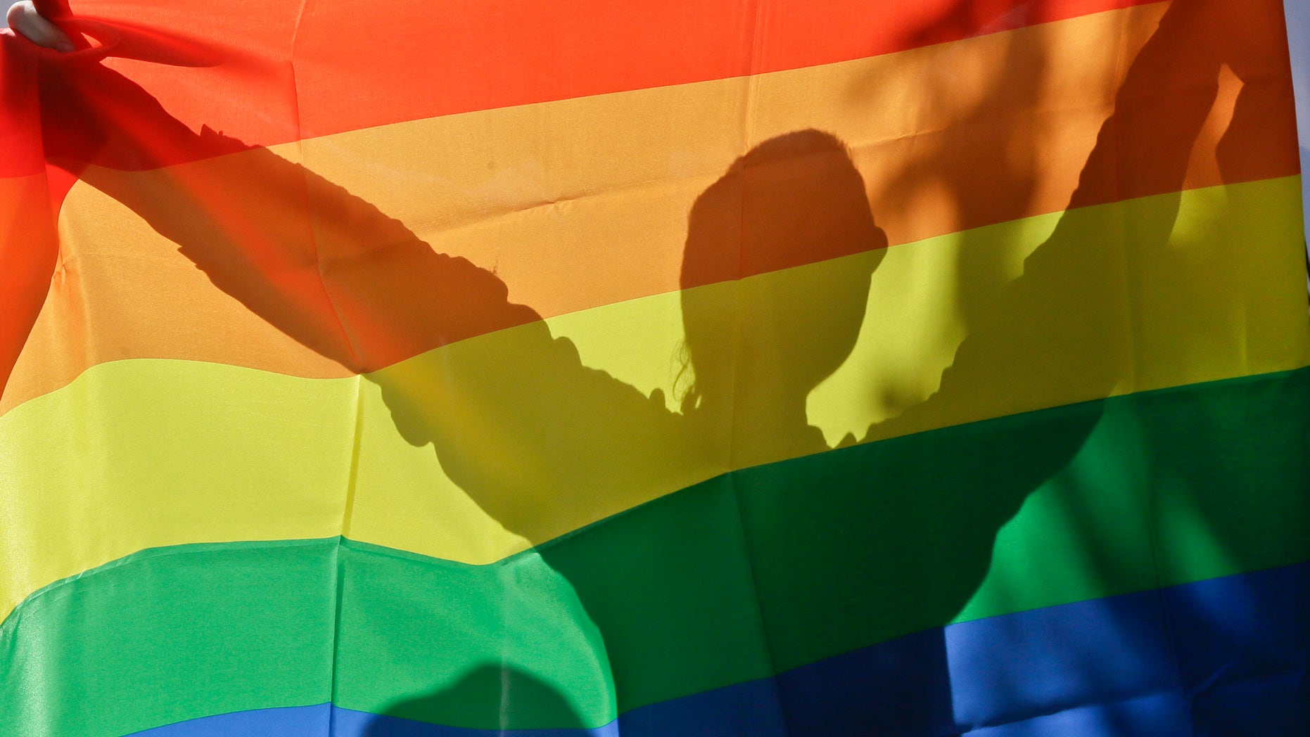 An activist in Ukraine's first gay pride demonstration seen through the rainbow flag in Kiev, Ukraine, May 25, 2013. (AP Photo/Efrem Lukatsky)