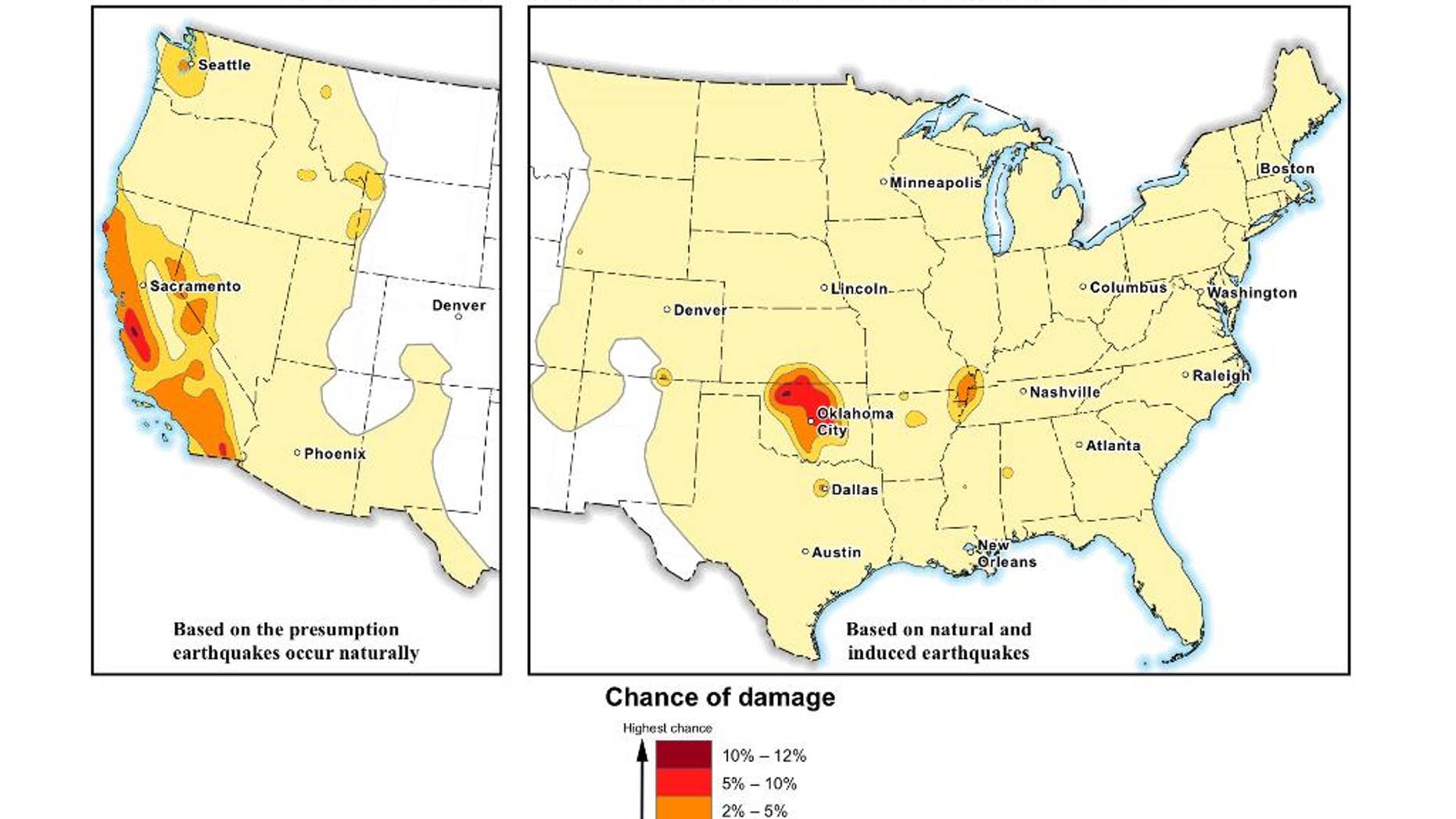 This image provided by the U.S. Geological Survey (USGS) shows the USGS forecast for damage from natural and induced earthquakes in the U.S. in 2016. Federal scientists say the chance of damaging earthquakes hitting east of the Rockies has increased significantly, much of it man-made as byproduct of drilling for energy. Oklahoma now has the nation’s highest with a 1 in 8 chance of damaging ground shaking in 2016, passing California. (U.S. Geological Survey via AP)