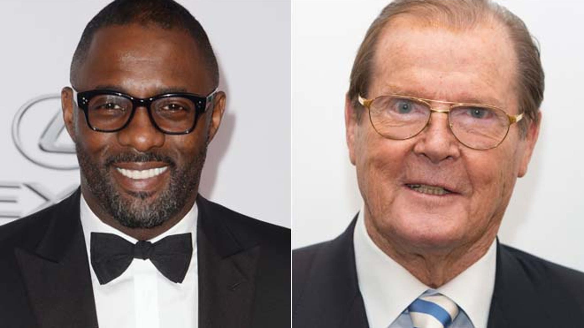 Idris Elba in 2014. (Right). Roger Moore in 2012.