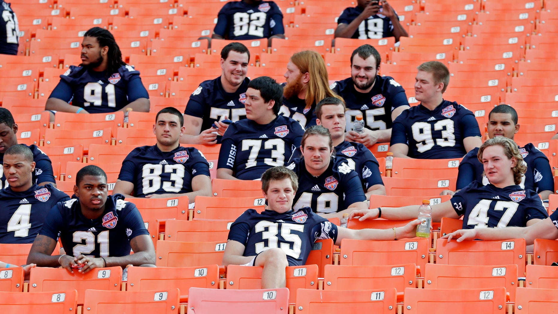 Notre Dame players watch from the stands during Media Day for the BCS National Championship college football game Saturday, Jan. 5, 2013, in Miami. Notre Dame faces Alabama in Monday's championship game.(AP Photo/Chris O'Meara)