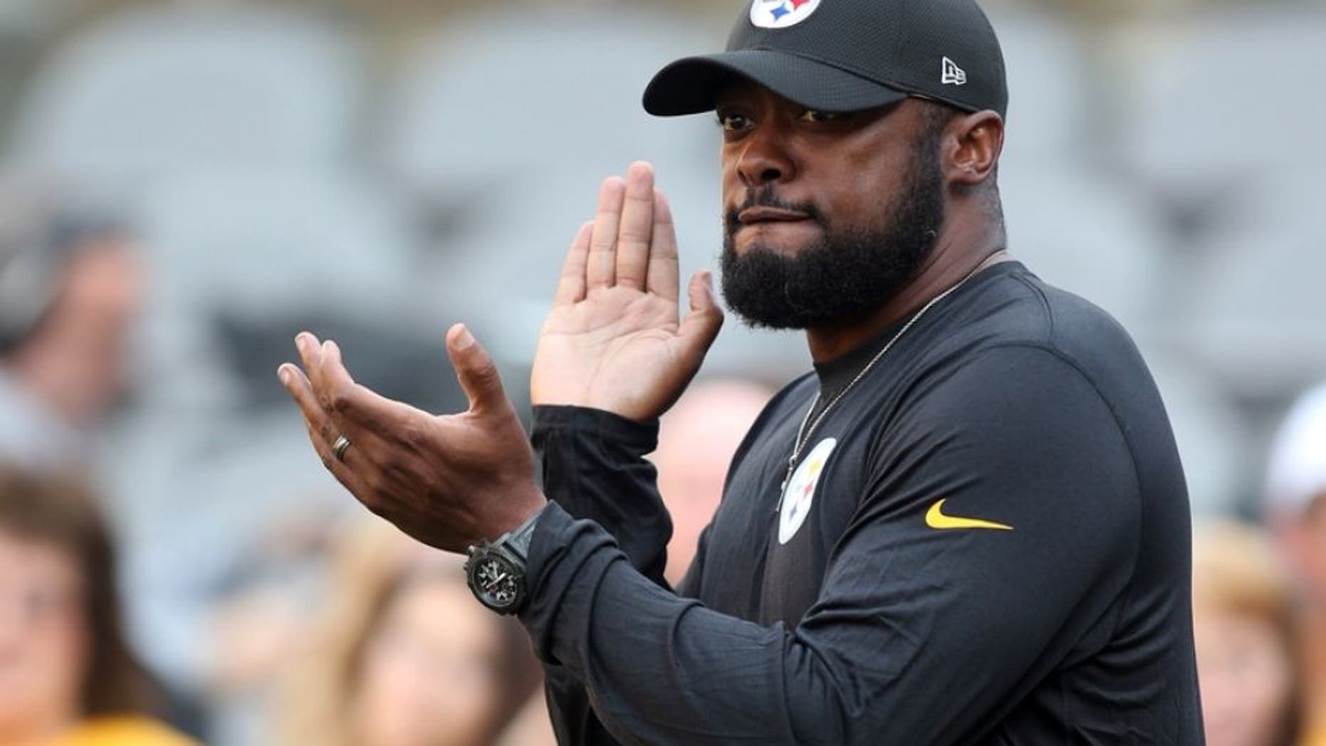 Aug 12, 2016; Pittsburgh, PA, USA; Pittsburgh Steelers head coach Mike Tomlin reacts on the field before playing the Detroit Lions at Heinz Field. Mandatory Credit: Charles LeClaire-USA TODAY Sports