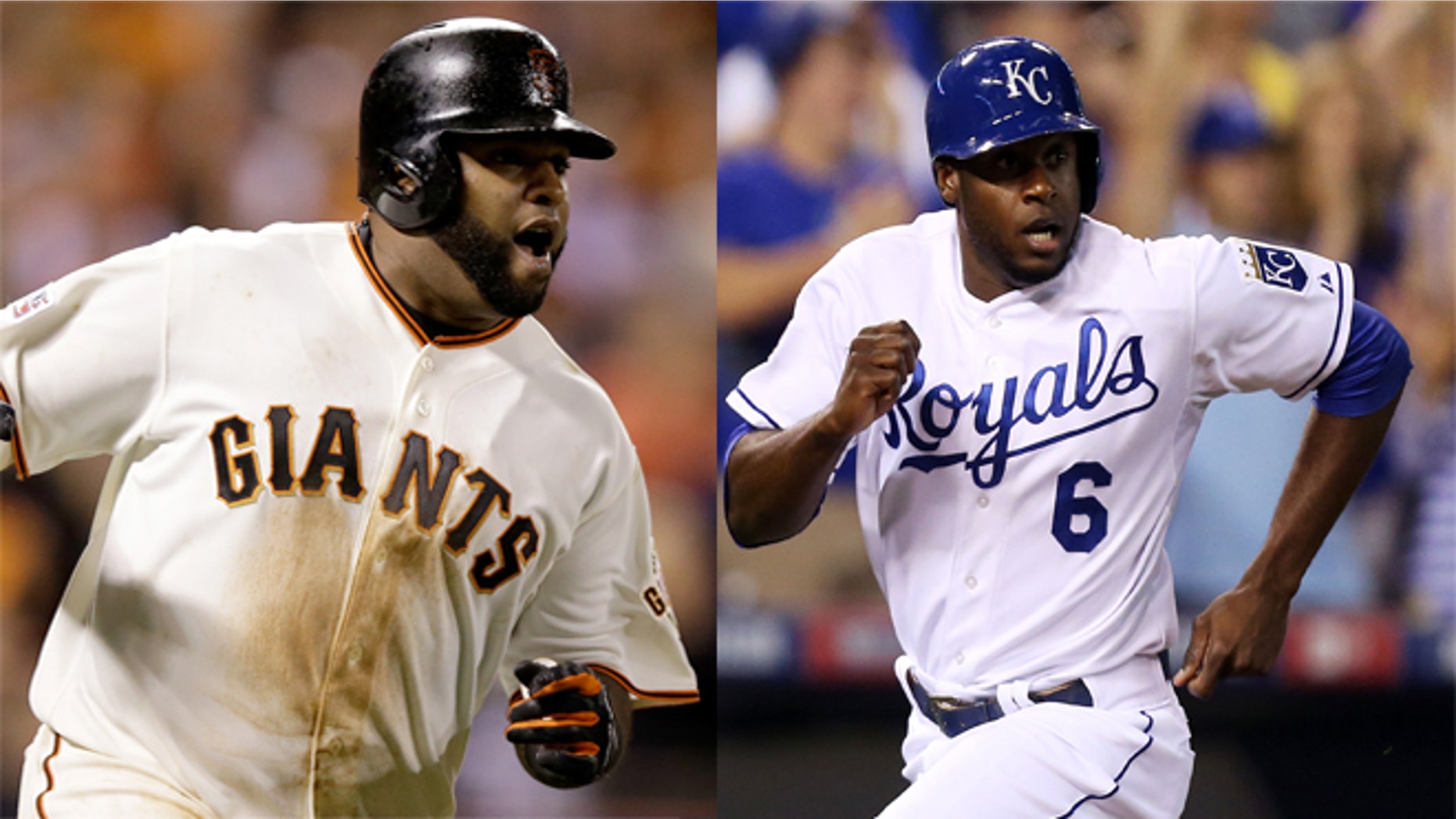 A photo composite of the San Francisco Giants' Pablo Sandoval (L) and the Kansas City Royals' Lorenzo Cain (R).