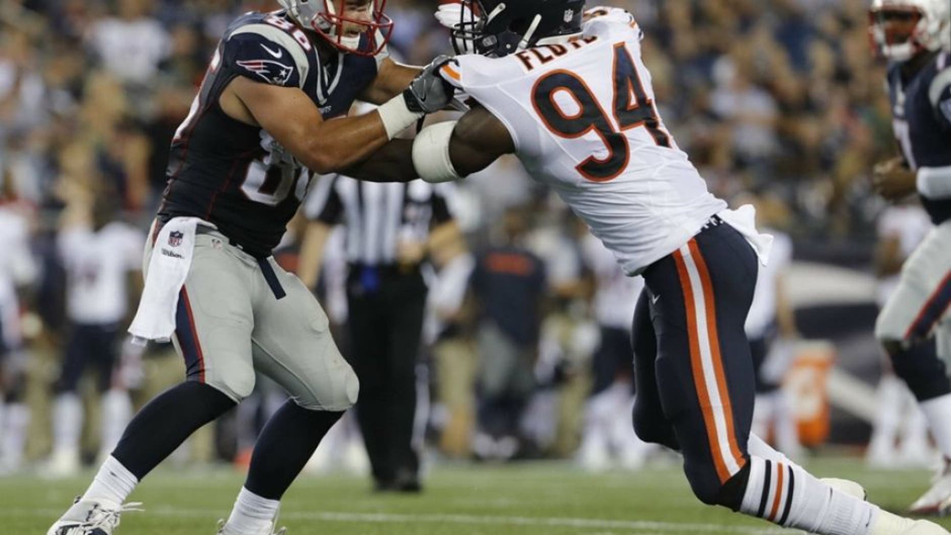Aug 18, 2016; Foxborough, MA, USA; New England Patriots tight end A.J. Derby (86) takes on Chicago Bears outside linebacker Leonard Floyd (94) in the second half at Gillette Stadium. The Patriots defeated the Bears 23-22. Mandatory Credit: David Butler II-USA TODAY Sports