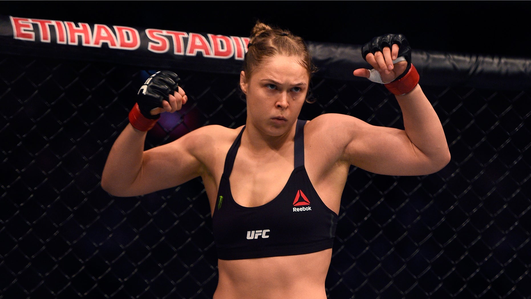 MELBOURNE, AUSTRALIA - NOVEMBER 15: Ronda Rousey waits in her corner before facing Holly Holm in their women's bantamweight championship bout during the UFC 193 event at Etihad Stadium on November 15, 2015 in Melbourne, Australia. (Photo by Jeff Bottari/Zuffa LLC/Zuffa LLC via Getty Images)