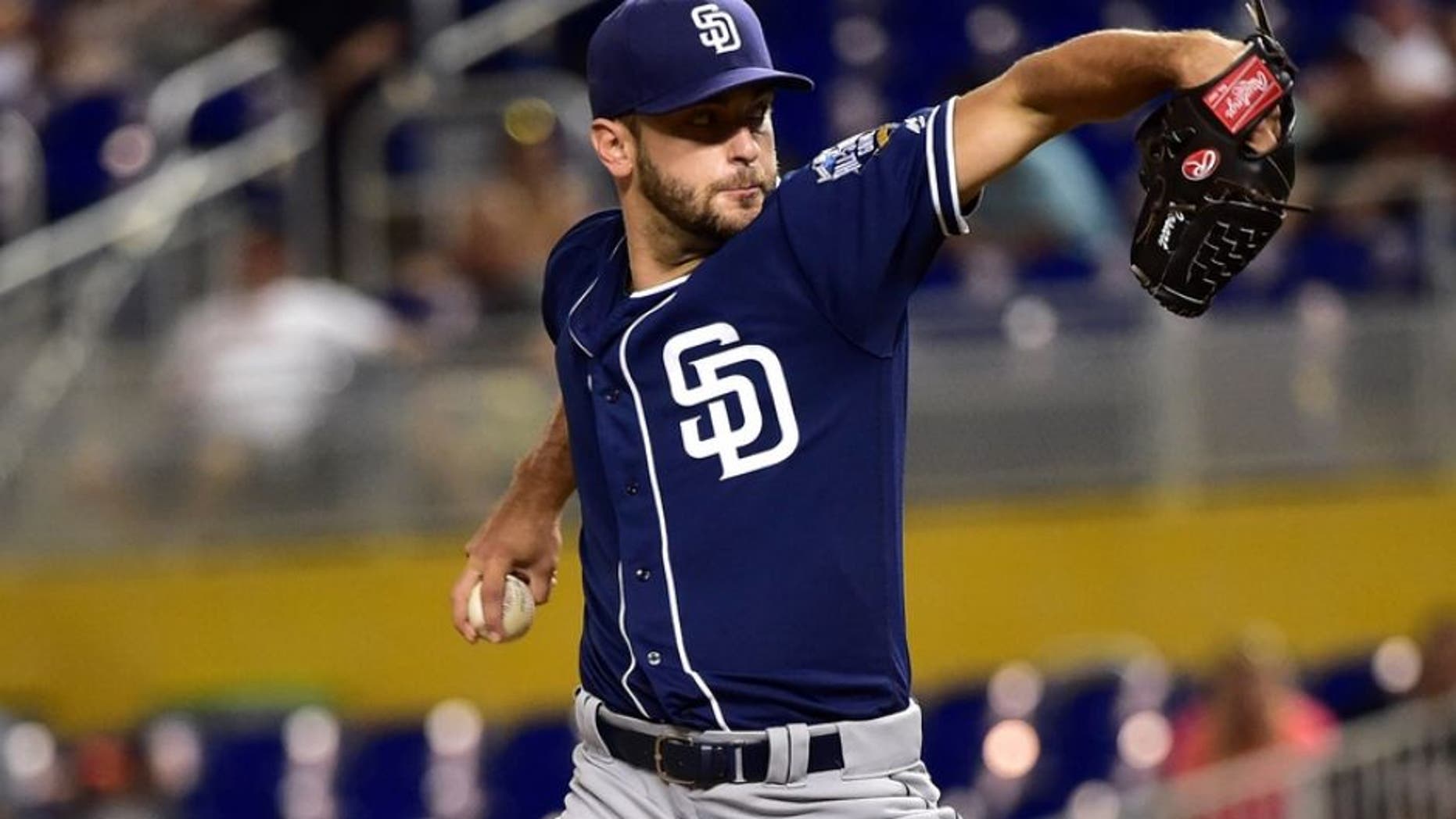 Aug 26, 2016; Miami, FL, USA; San Diego Padres starting pitcher Jarred Cosart (55) throws during the first inning against the Miami Marlins at Marlins Park. Mandatory Credit: Steve Mitchell-USA TODAY Sports