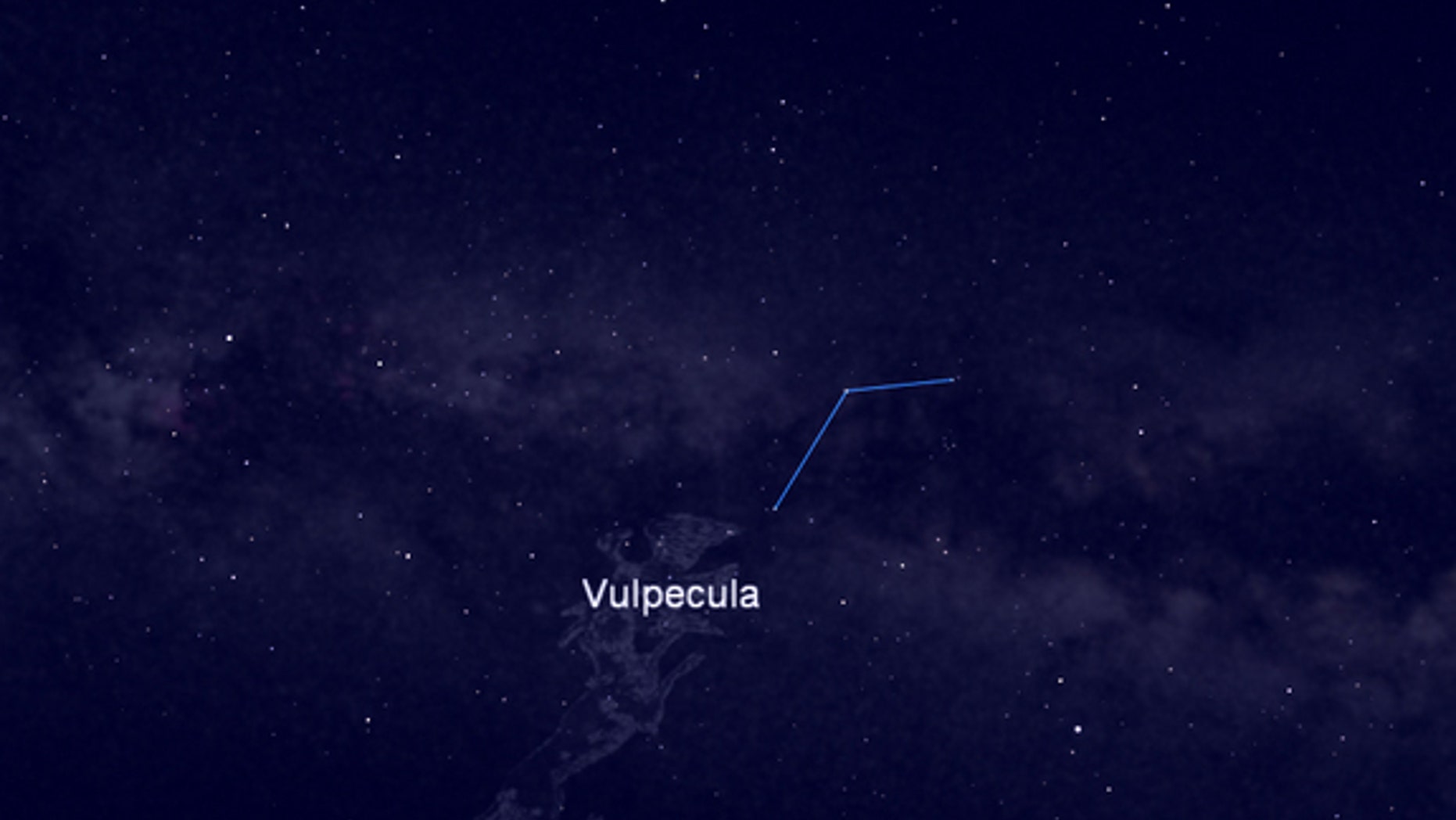 This night sky map shows the location of the constellation Vulpecula, the Little Fox, home to Brocchi's Cluster, a star cluster visible in binoculars and small telescopes. The constellation is visible in the east-southeast night sky between sta
