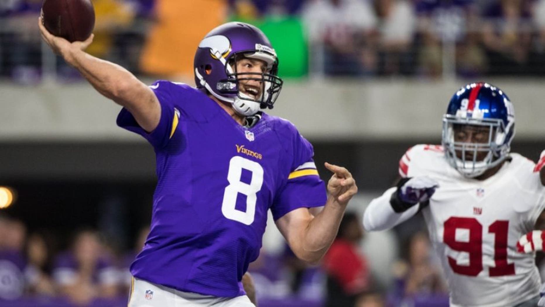 Oct 3, 2016; Minneapolis, MN, USA; Minnesota Vikings quarterback Sam Bradford (8) throws during the first quarter against the New York Giants at U.S. Bank Stadium. Mandatory Credit: Brace Hemmelgarn-USA TODAY Sports