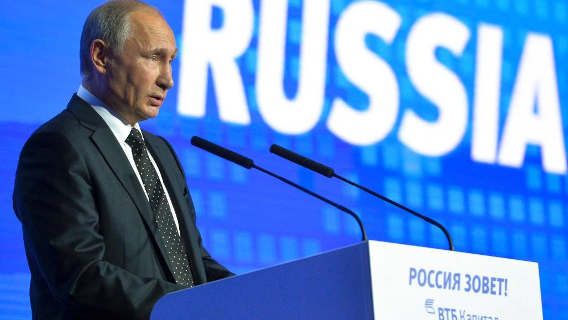Russian President Vladimir Putin speaks at the 8th annual VTB Capital "Russia Calling!" Investment Forum in in Moscow, Russia, Wednesday, Oct. 12, 2016.Russia’s economy has been on its way down since it slipped into recession at the start of last year. (Alexei Druzhinin, Sputnik, Kremlin Pool Photo via AP)