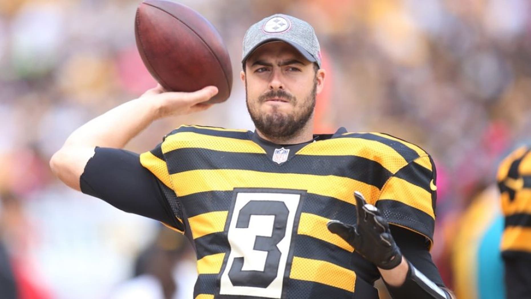 Oct 9, 2016; Pittsburgh, PA, USA; Pittsburgh Steelers quarterback Landry Jones (3) warms up on the sidelines against the New York Jets during the third quarter at Heinz Field. The Steelers won 31-13. Mandatory Credit: Charles LeClaire-USA TODAY Sports