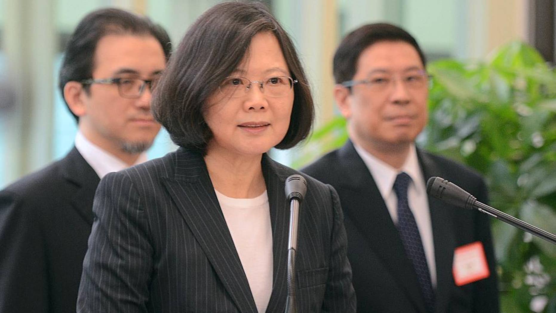 Taiwan's President Tsai Ing-wen delivers a speech before traveling to visit Central American allies including a U.S. transit, Saturday, Jan. 7, 2017, at the Taoyuan International Airport in Taouyuan, Taiwan. Tsai pledged to bolster Taiwan's presence on the international stage on her visit four Central American allies on a trip that includes U.S. transits and looks set to raise China's ire. (Central News Agency via AP)