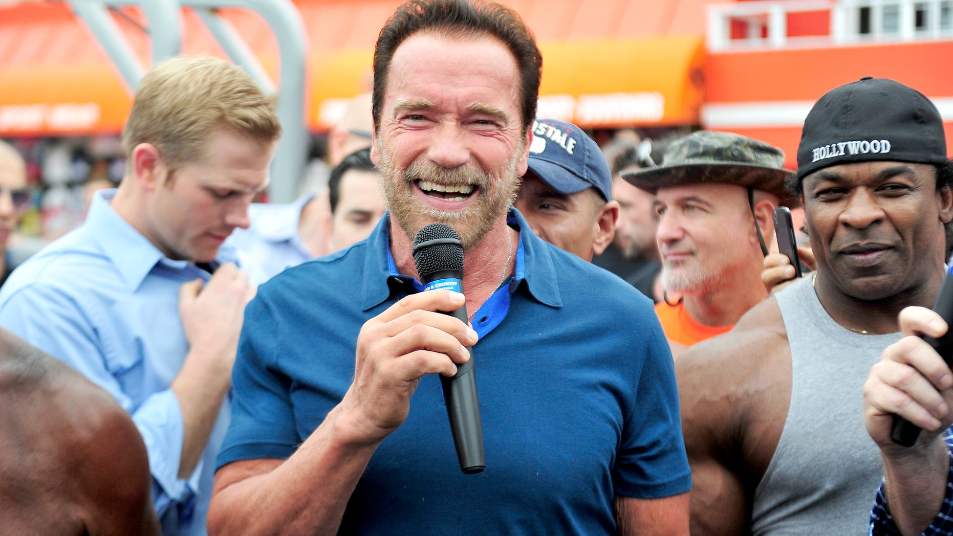 VENICE, CA - SEPTEMBER 20: Arnold Schwarzenegger hosts a special body building experience at the famed Muscle Beach Venice to celebrate the launch of the Arnold Series, an exclusive line of new nutritional supplements developed by Schwarzenegger and MusclePharm on September 20, 2013 in Venice, California. (Photo by Jerod Harris/Getty Images for MusclePharm)