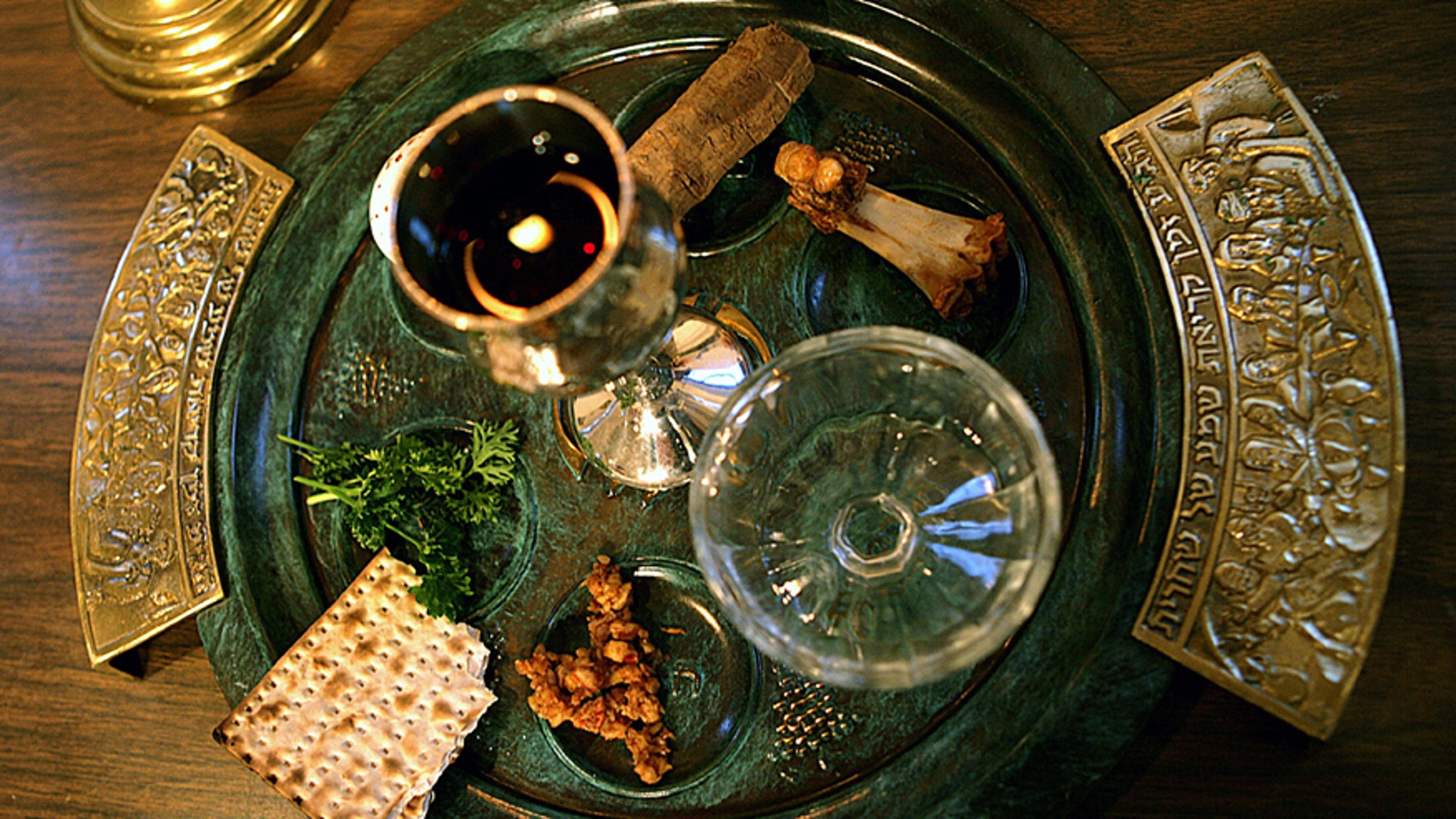 A traditional Passover seder plate is seen at Congregation Beth El in Tyler, Texas. The foods on the plate are symbols, and help tell the story of the exodus of the Jewish people from Egypt as told in the old Testament of the Bible.