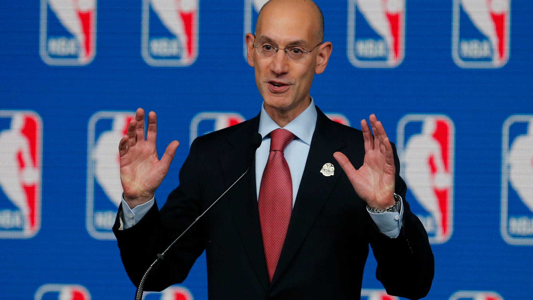 NBA Commissioner Adam Silver speaks at a news conference before the skills competition at the NBA All Star basketball weekend, Saturday, Feb. 15, 2014, in New Orleans. (AP Photo/Bill Haber)