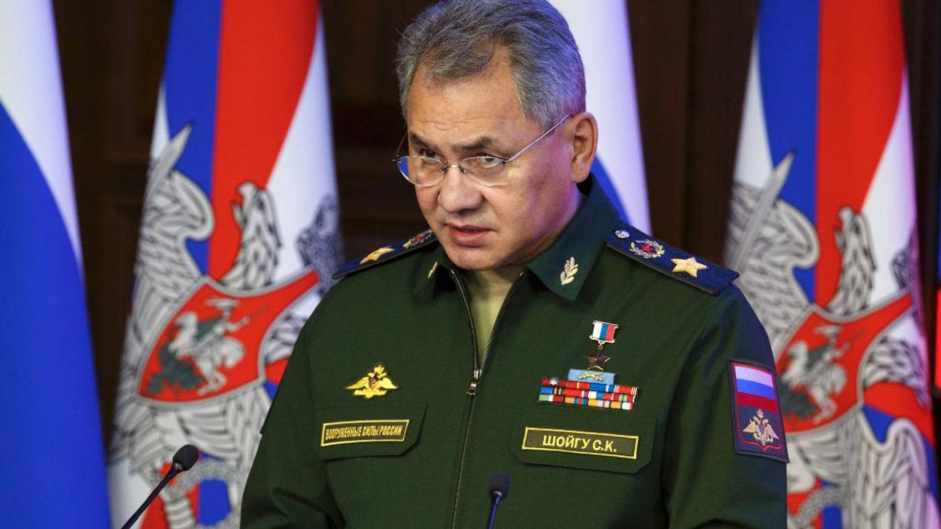 FILE - In this Thursday, Dec. 22, 2016 file photo, Russian Defence Minister Sergei Shougu speaks during a meeting with senior military officials in Moscow, Russia. Sergei Shoigu told lawmakers Wednesday, Feb. 22, 2017, that the sweeping military modernization program will continue at a high pace this year. Amid tensions with the West, the Kremlin has continued to spend big on new weapons despite Russia's economic downturn. (Balashova Olga/Defence Ministry Pool Photo via AP, file)