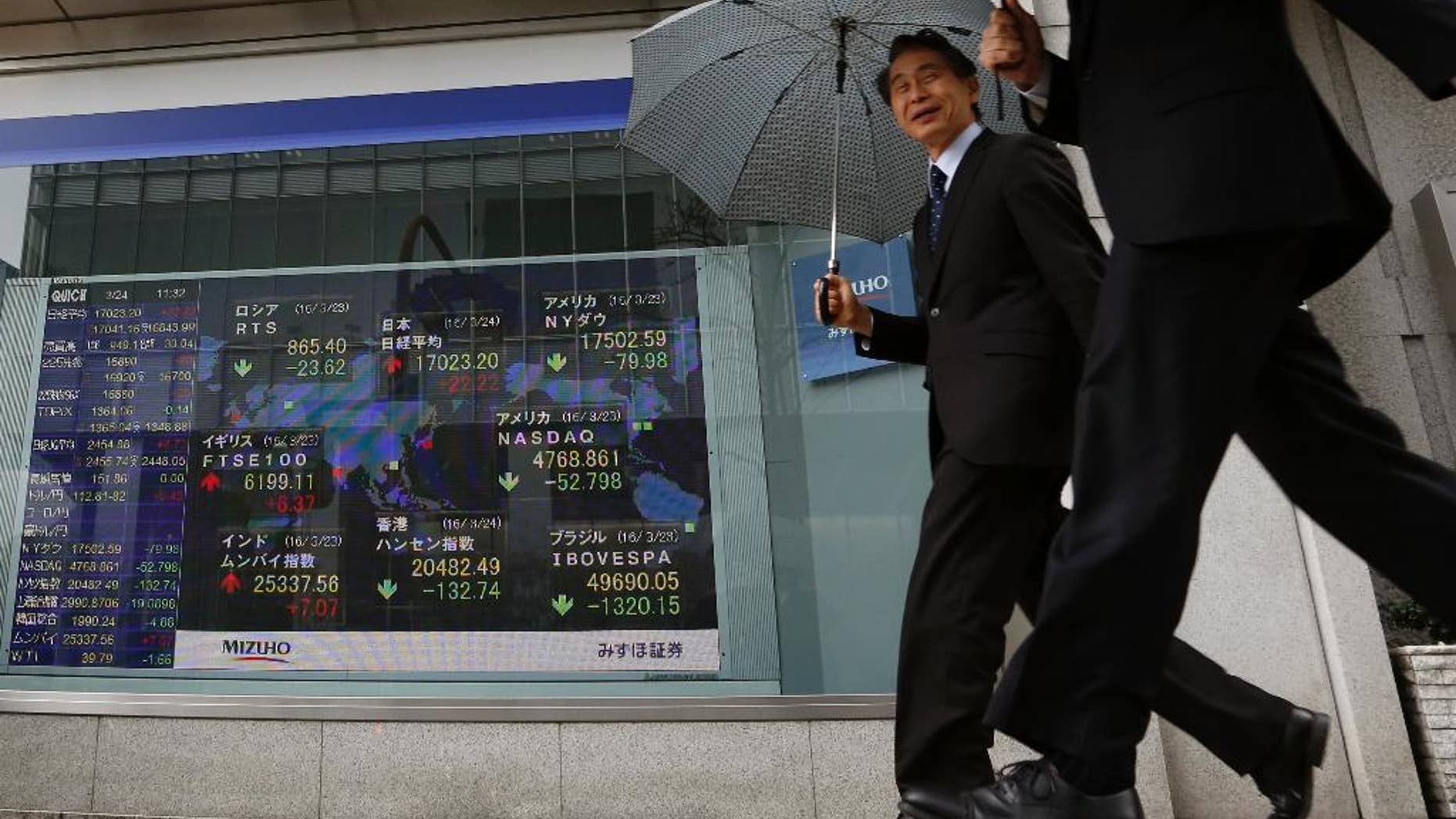 People walk past an electronic stock board showing the global financial index at a securities firm in Tokyo, Thursday, March 24, 2016. Asian stock markets fell for a second day Thursday after declines in prices of oil and other commodities pulled Wall Street lower. (AP Photo/Shuji Kajiyama)