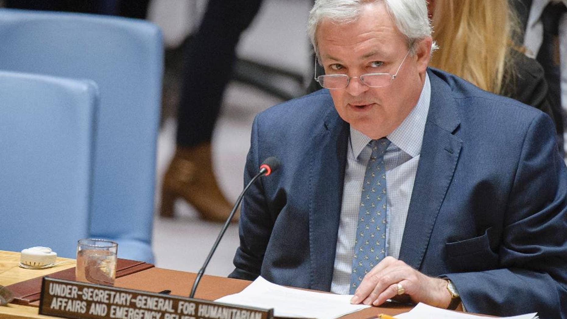 In this photo provided by the United Nations, Stephen O'Brien, the U.N's Under-Secretary-General for Humanitarian Affairs and Emergency Relief Coordinator, addresses the U.N. Security Council at U.N. headquarters, Friday, March 10, 2017. O'Brien said that the world faces the largest humanitarian crisis since the United Nations was founded in 1945, with more than 20 million people in four countries facing starvation and famine. (Manuel Elias/The United Nations via AP)
