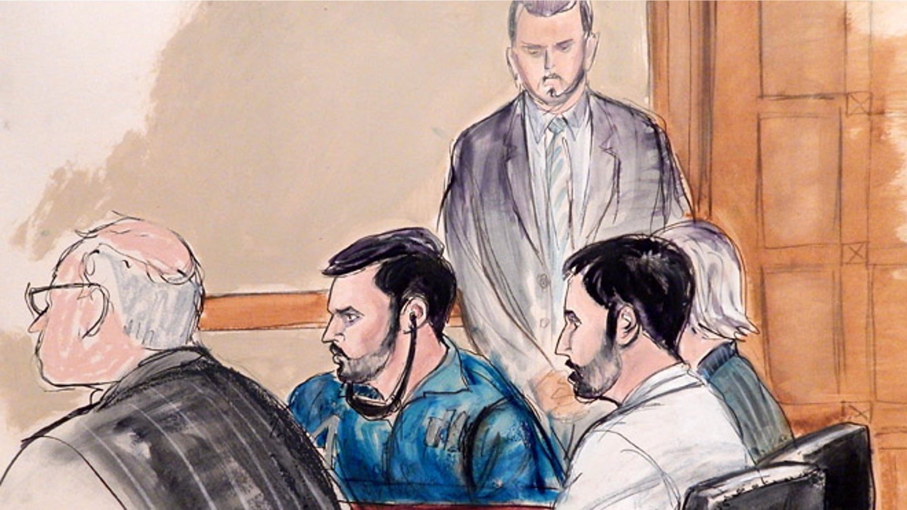 Courtroom sketch of Francisco Flores and Efrain Campos initial appearance in Manhattan federal court.