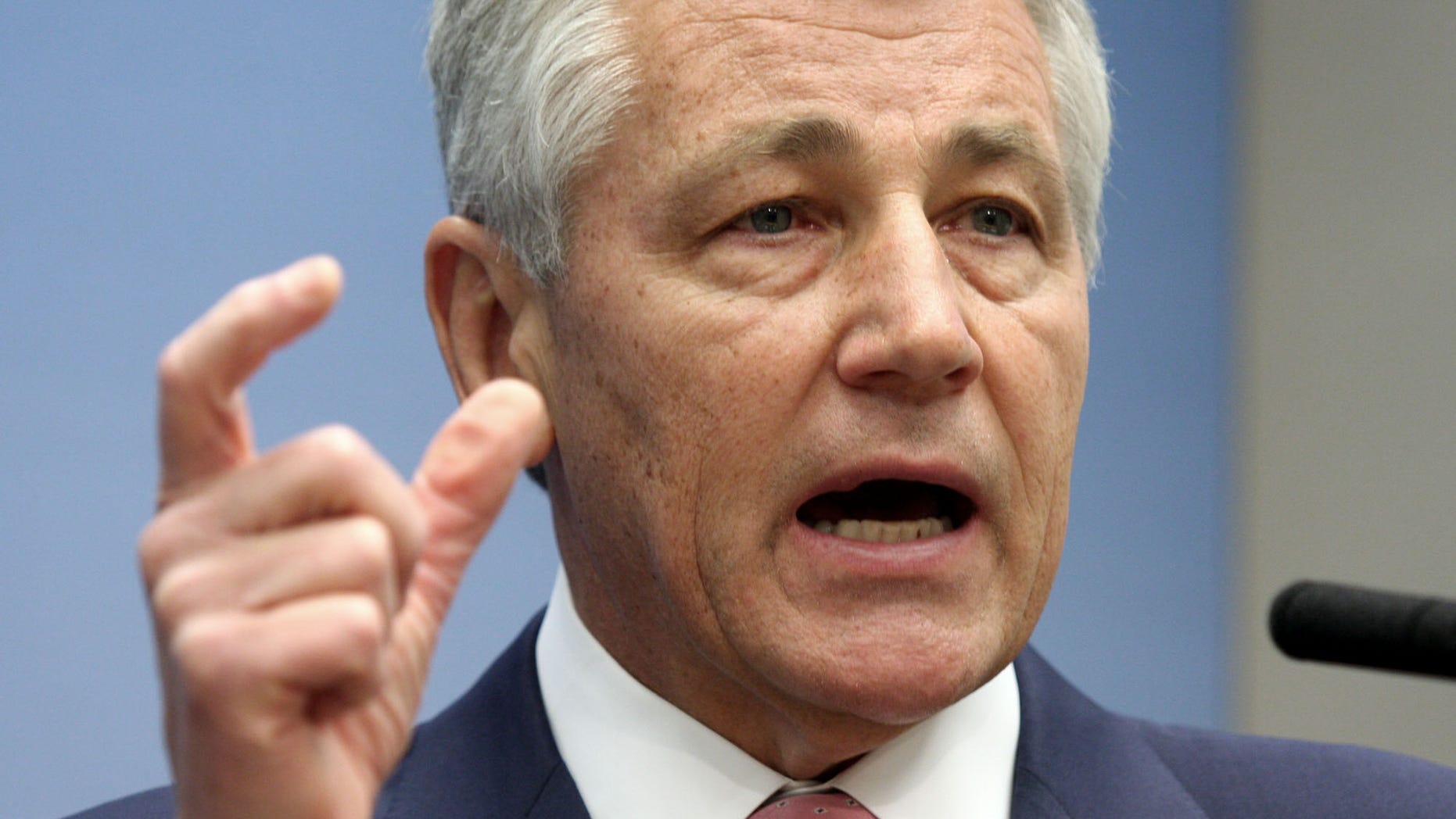 FILE: In this June 26, 2008 file photo, then Sen. Chuck Hagel, (R-Neb.,) speaks on foreign policy at the Brookings Institution in Washington.